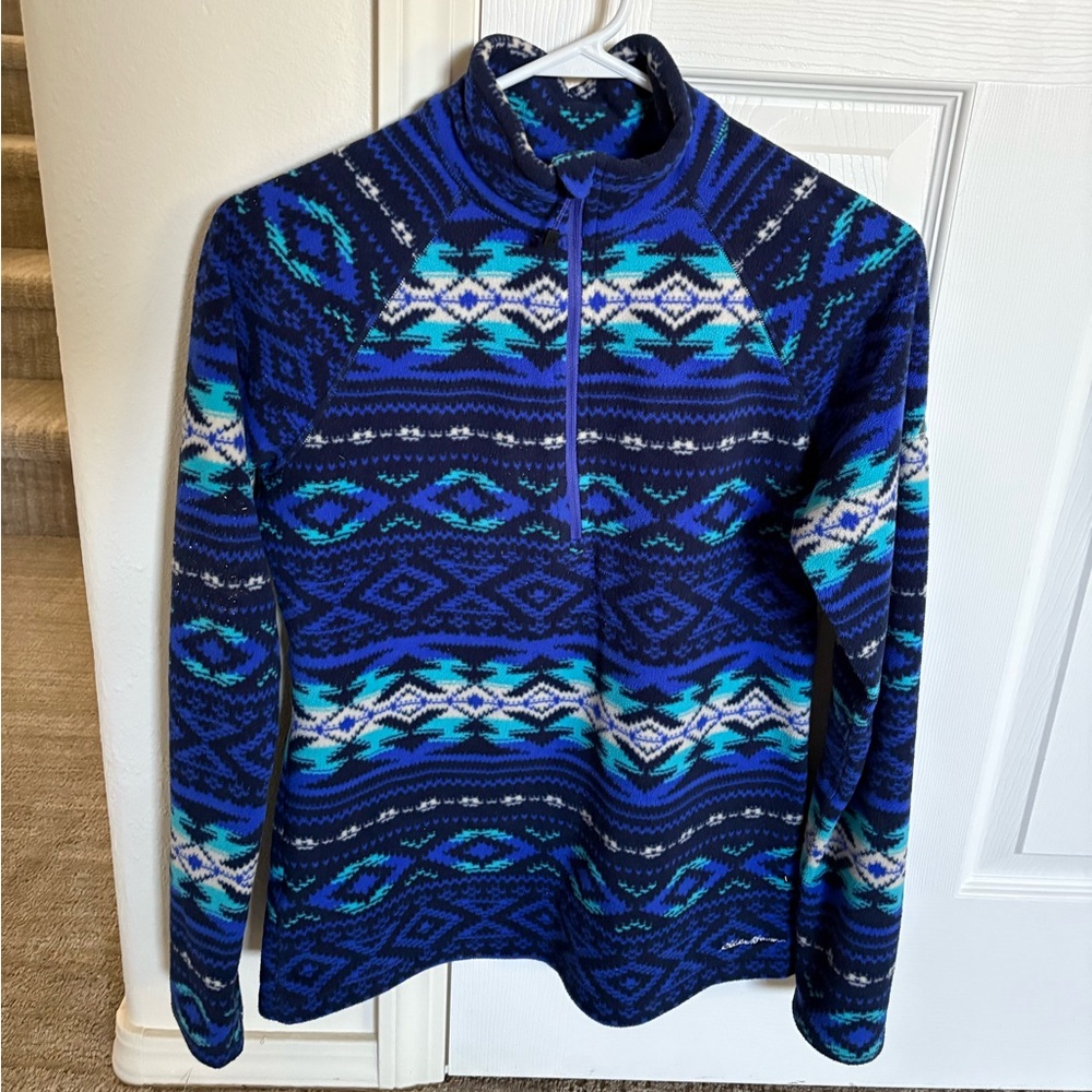 Eddie Bauer 1/4 Zip Fleece Pullover Womens Large Southwestern Aztec Blue Teal
